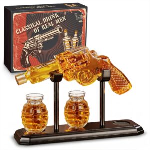 Revolver Pistol Whiskey Decanter Set with 2 Grenade Glasses
